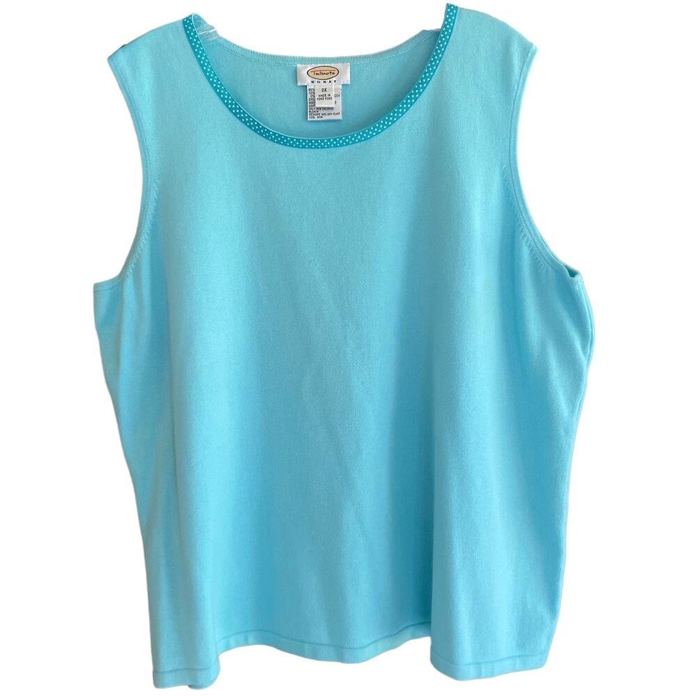 Women's TALBOTS Size 2X Knit Tank Top Blue Polka Dot Trim Casual Summer Spring